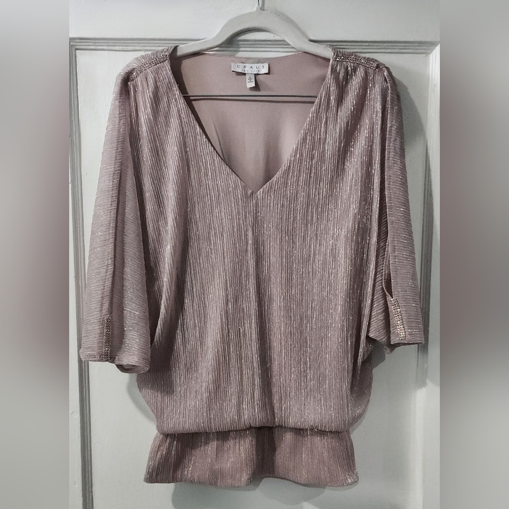 🌷Women's Chaus New York Metallic Dusty Pink V-Neck Blouson Top🌷size:L